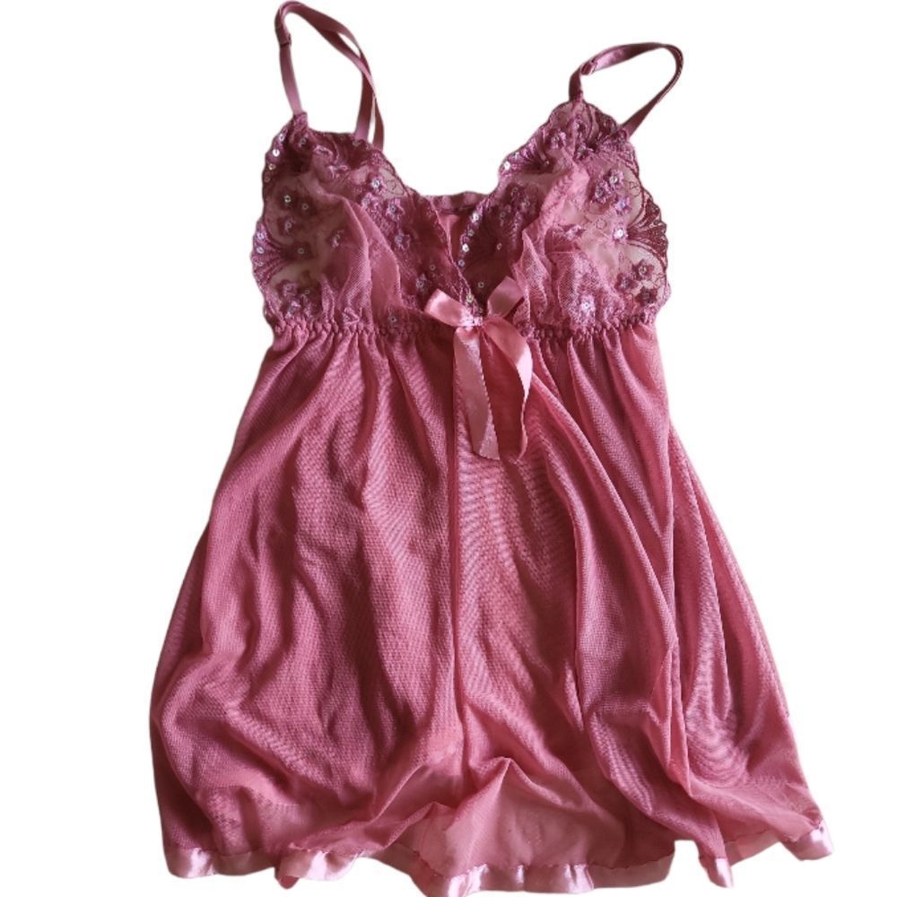 Pink Sheer Mesh Babydoll Chemise Laceβ Sequin Floral Lingerie Nightgown Small
